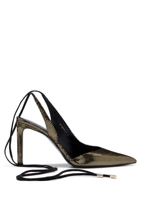 Metallic-effect leather slingback pumps with wraparound ankle straps, Black