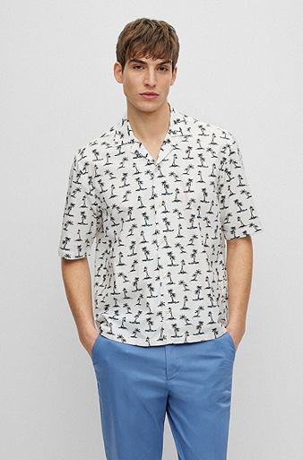 Regular-fit shirt in printed cotton muslin, White