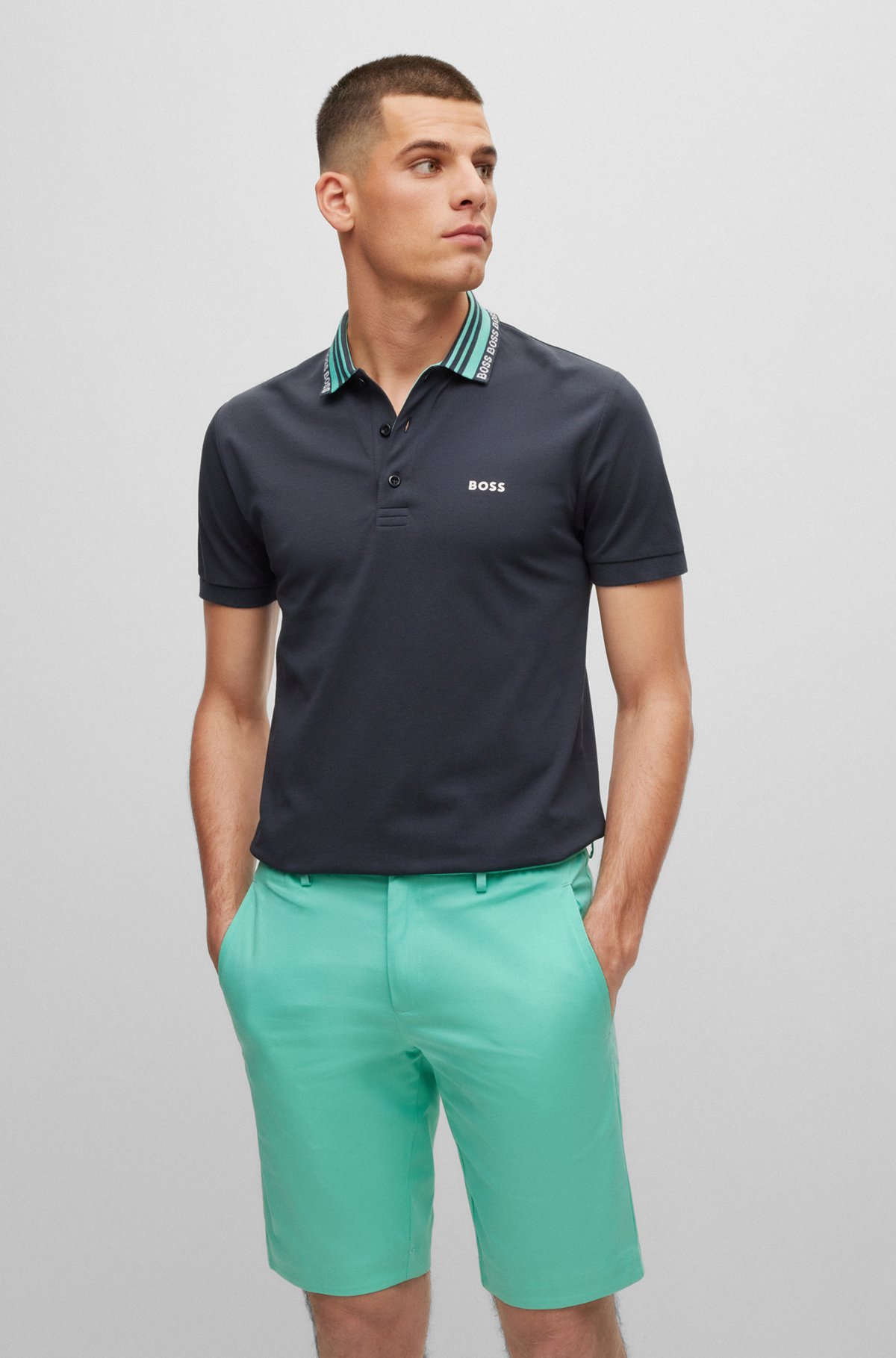 Cotton-blend slim-fit polo shirt with logo collar, Dark Blue