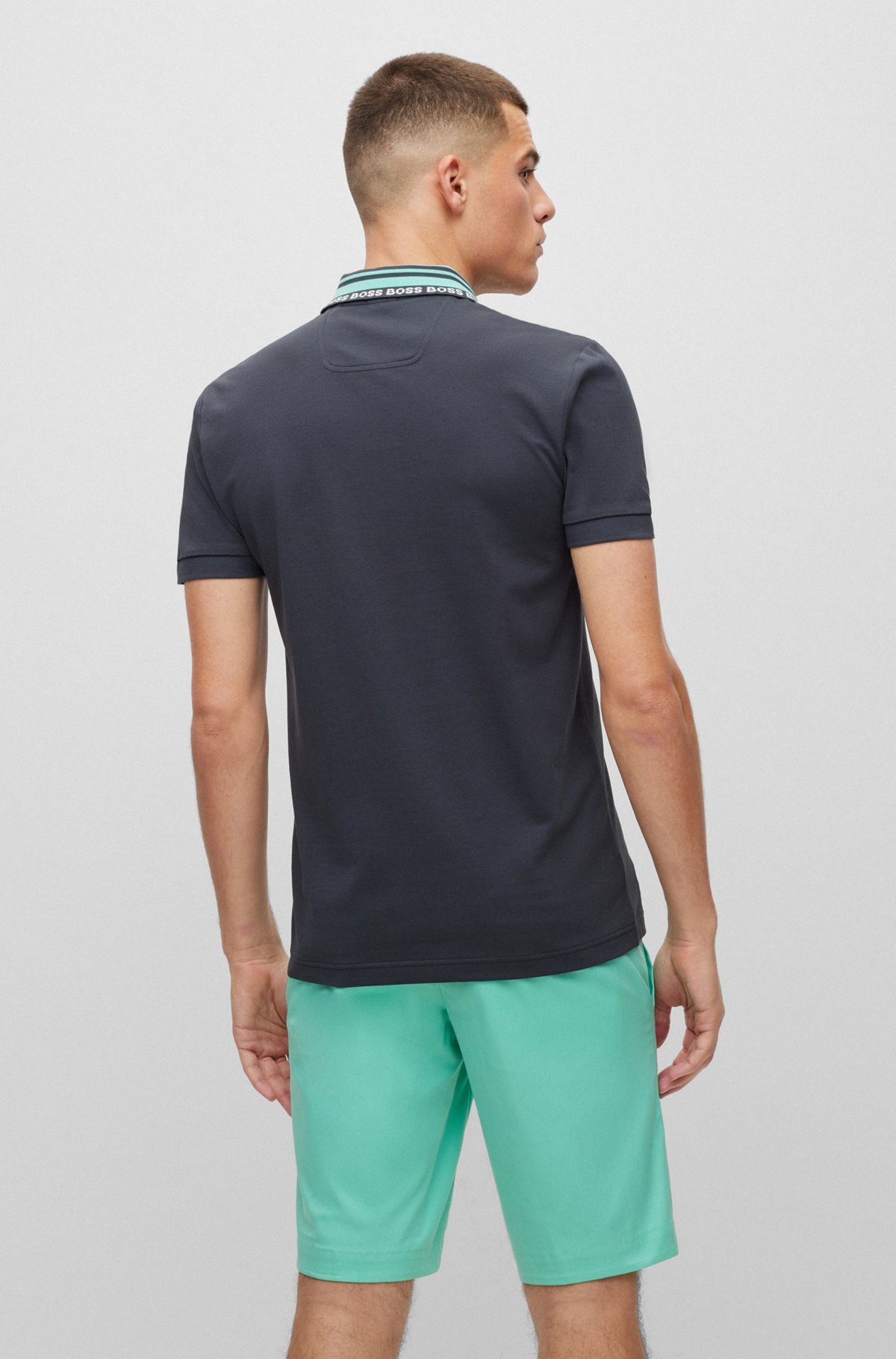 Cotton-blend slim-fit polo shirt with logo collar, Dark Blue
