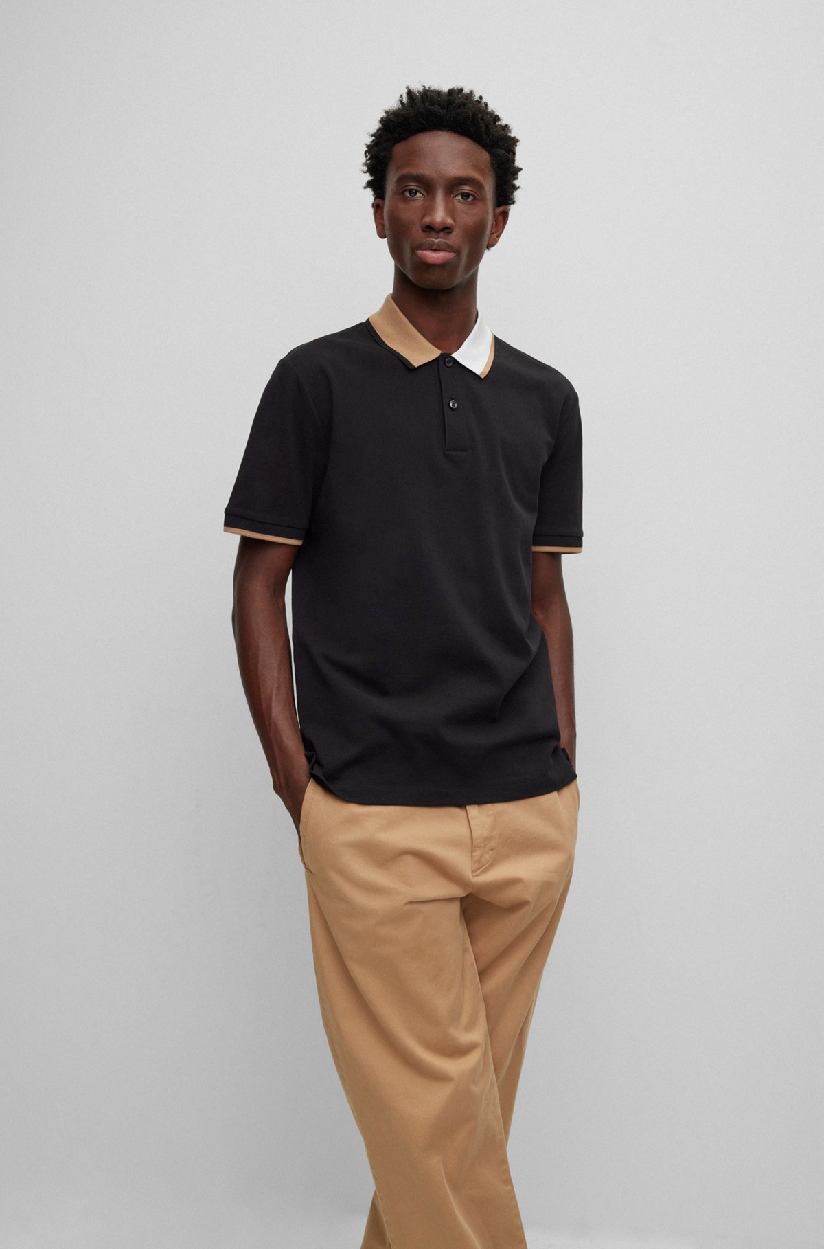 Cotton-piqué polo shirt with color-blocked collar, Black