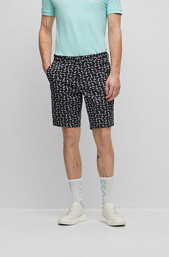 Slim-Fit Shorts aus elastischem Baumwoll-Satin mit saisonalem Print, Schwarz