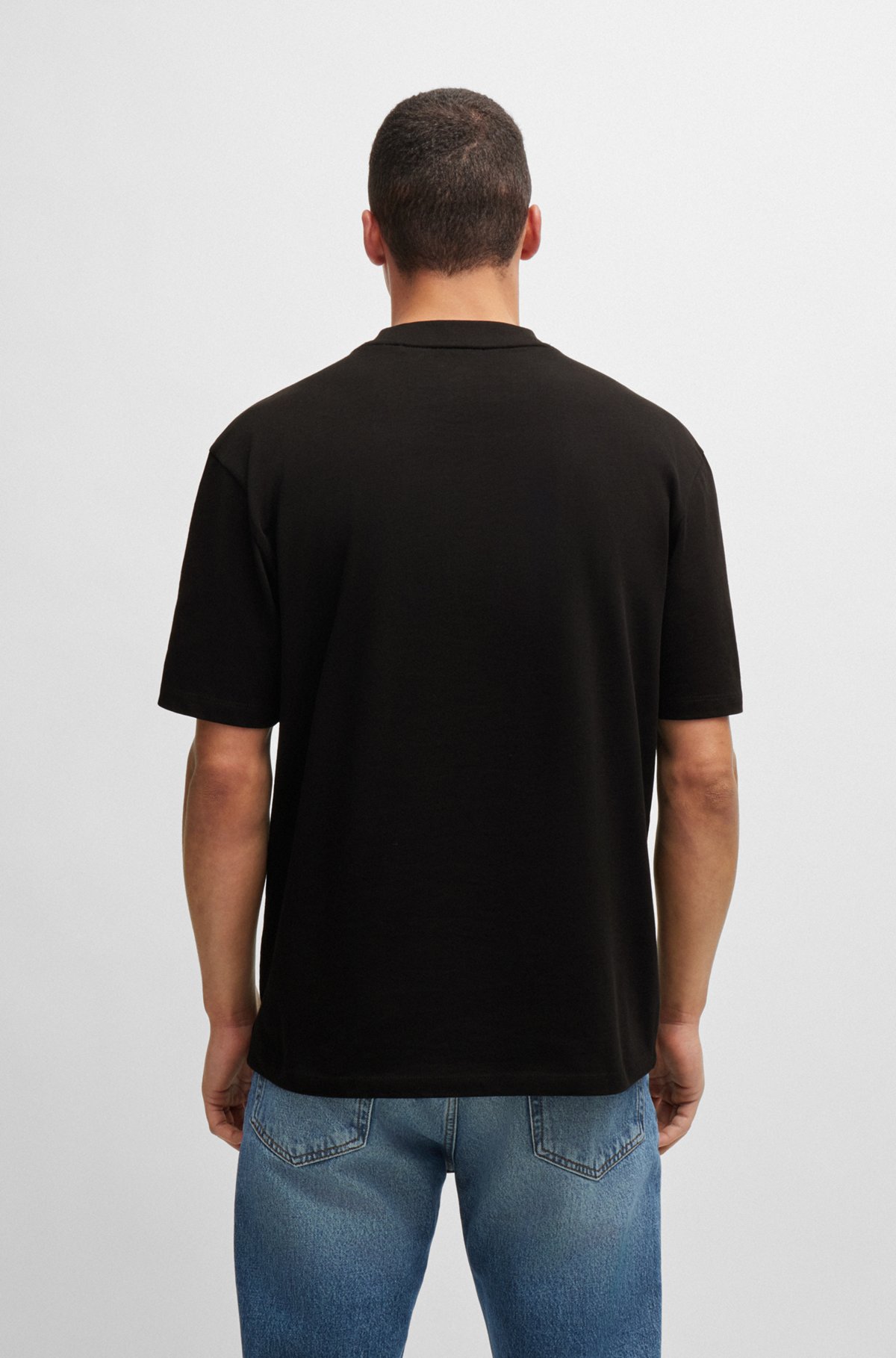 Camiseta relaxed fit en punto de algodón con logo estampado, Negro