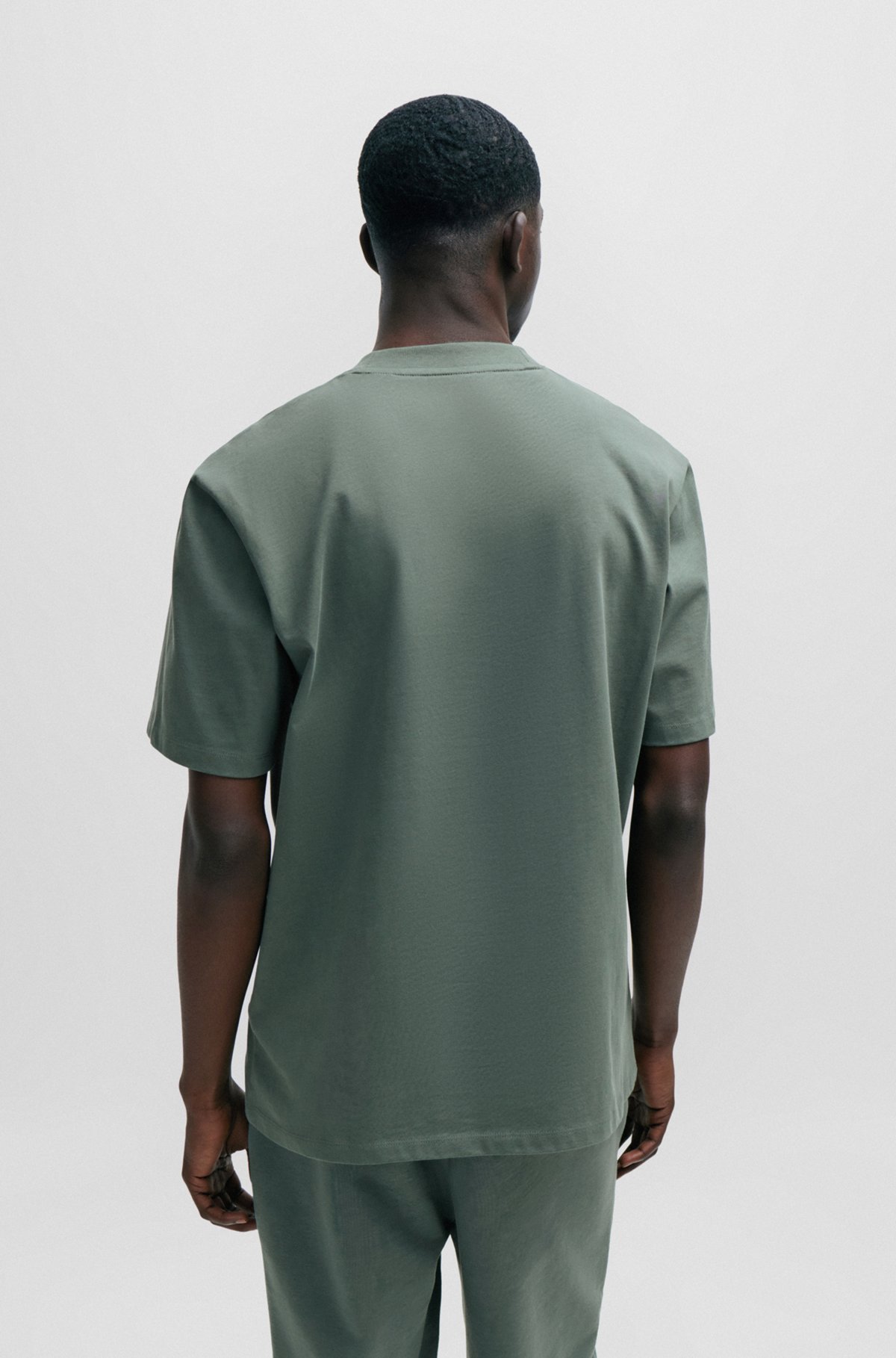 Camiseta relaxed fit en punto de algodón con logo estampado, Verde oscuro