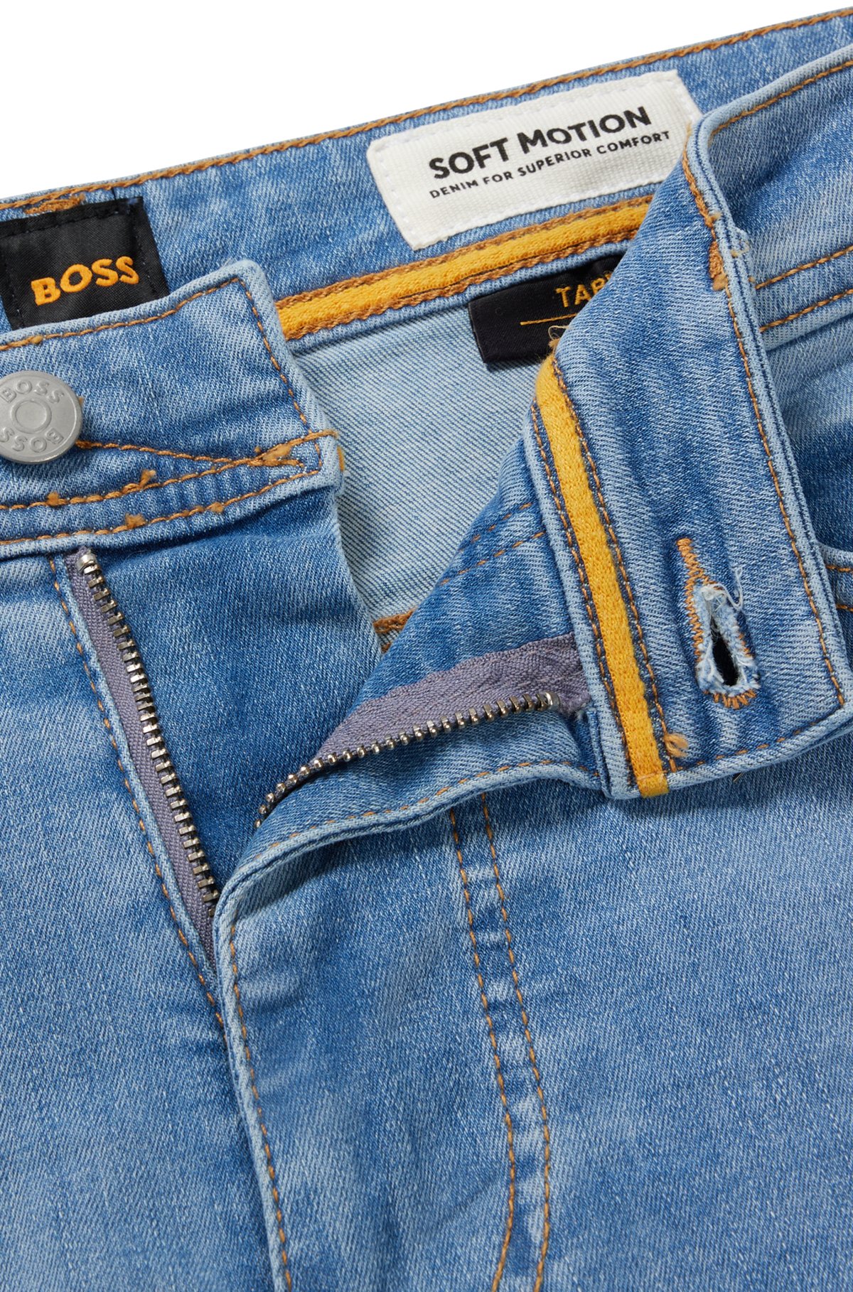 BOSS - Tapered-Fit Jeans aus blauem Super-Stretch-Denim
