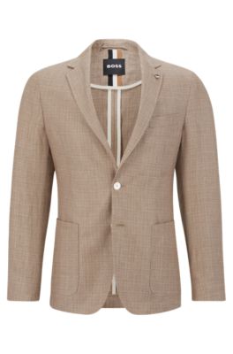 Hugo Boss Slim-fit Jacket In Patterned Linen And Virgin Wool In Light Beige
