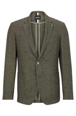 Hugo Boss Slim-fit Jacket In Patterned Linen And Virgin Wool In Green