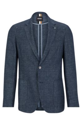 Hugo Boss Slim-fit Jacket In Patterned Linen And Virgin Wool In Dark Blue