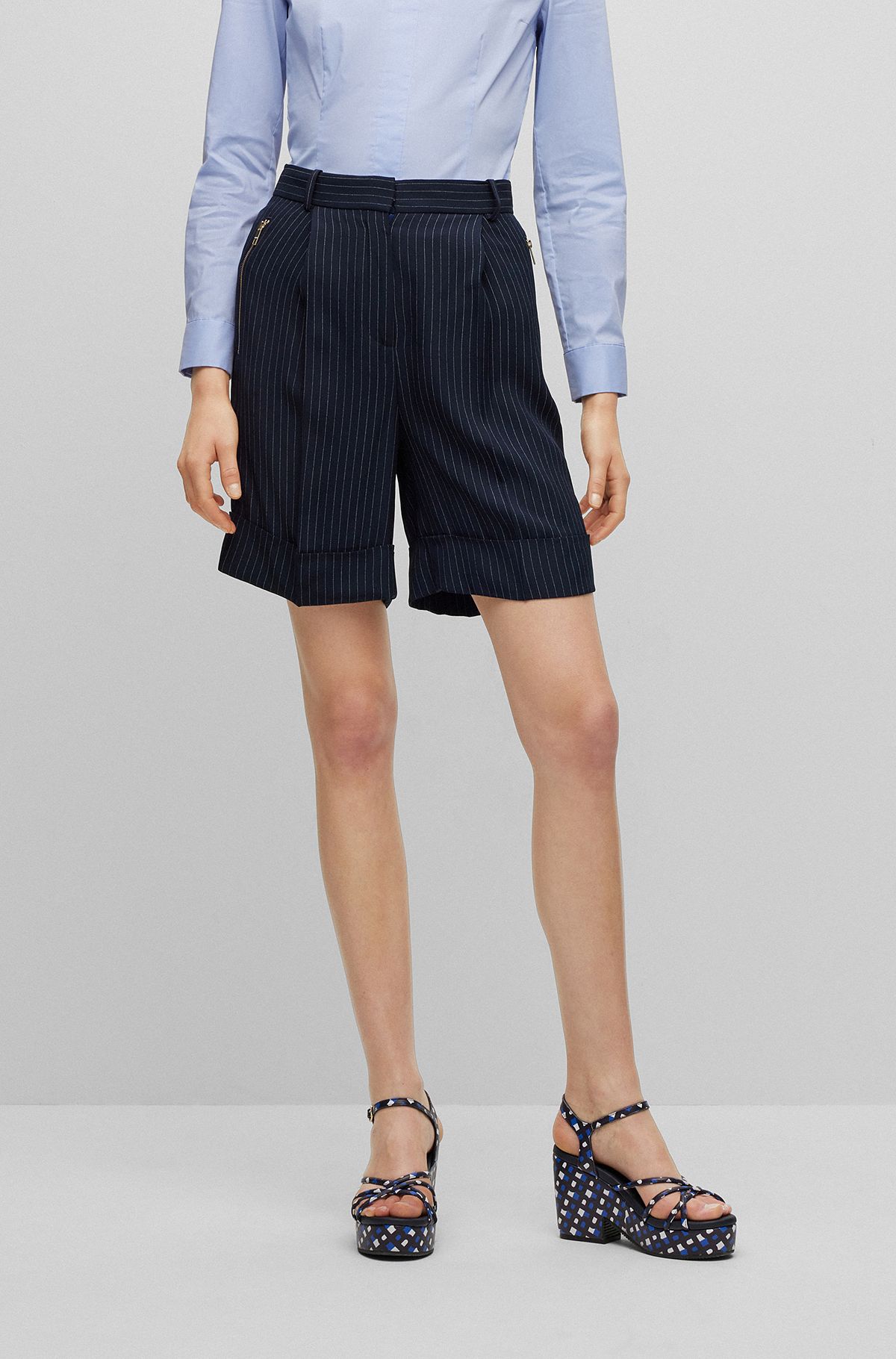 Wide-leg regular-fit pinstripe shorts, Patterned