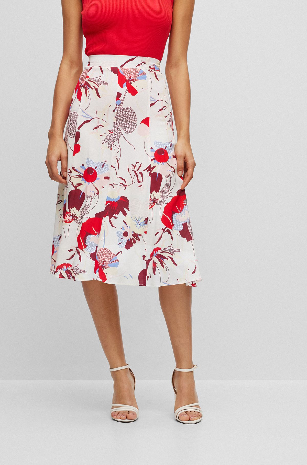Knee-length skirt in floral-print fabric, Patterned
