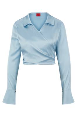 HUGO BOSS CROPPED SLIM-FIT BLOUSE IN SATIN WITH WRAP FRONT