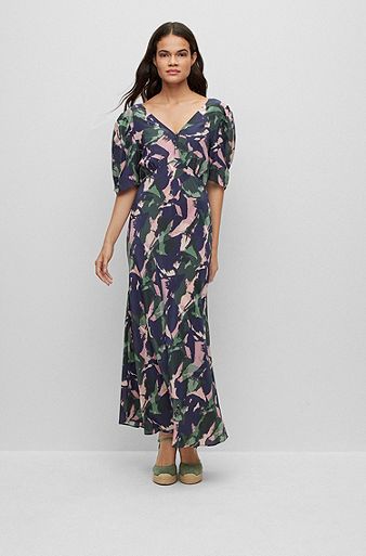 Printed dress with button front and tie back, Patterned