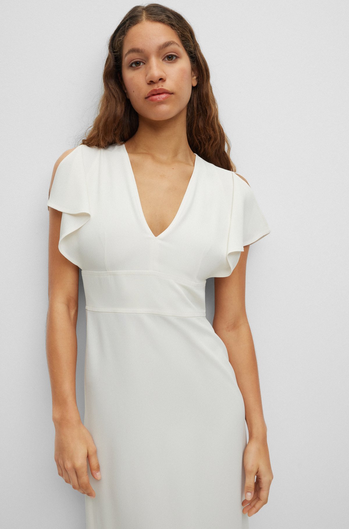 Slim-fit dress with zip closure and V neckline, White