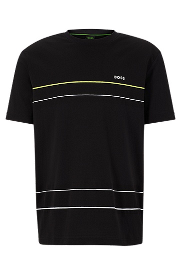BOSS 博斯网眼条纹和撞色徽标装饰棉质平纹针织 T 恤,  001_Black