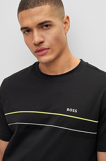 BOSS 博斯网眼条纹和撞色徽标装饰棉质平纹针织 T 恤,  001_Black