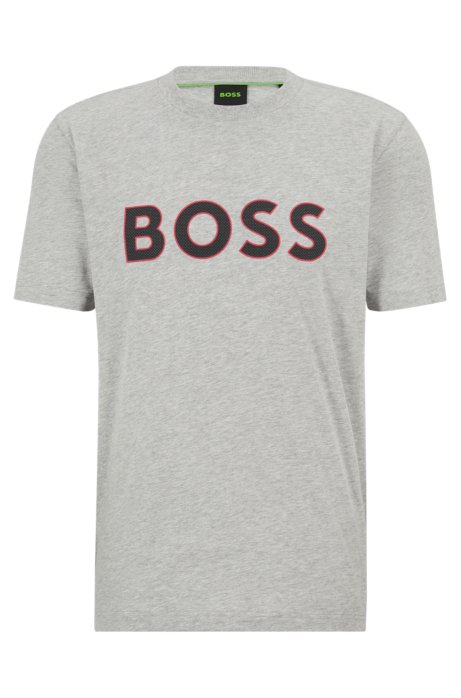 Shop Hugo Boss Crew-neck T-shirt In Cotton Jersey With Logo Print In Light Grey