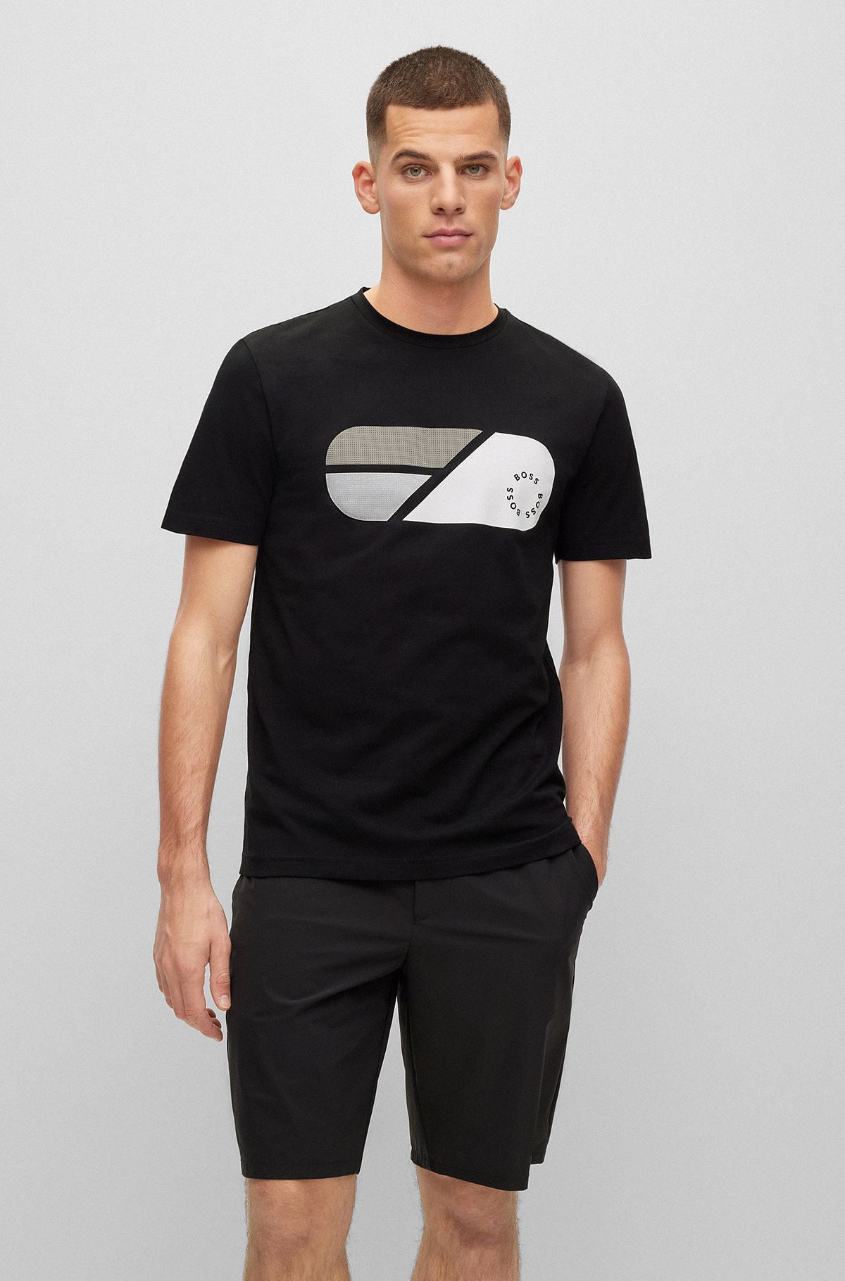 Stretch-cotton T-shirt with artwork and circular logo, Black