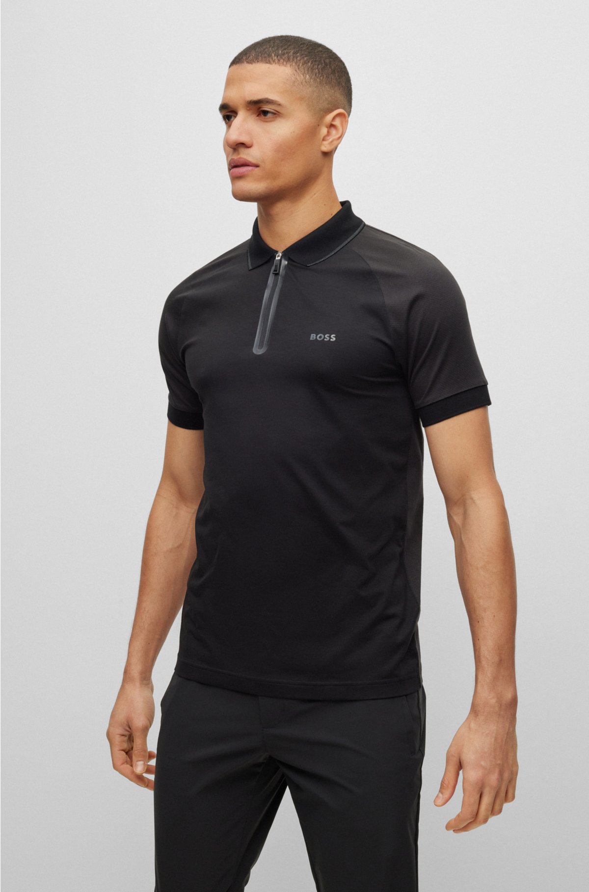 BOSS - Zip-neck slim-fit polo shirt in stretch cotton