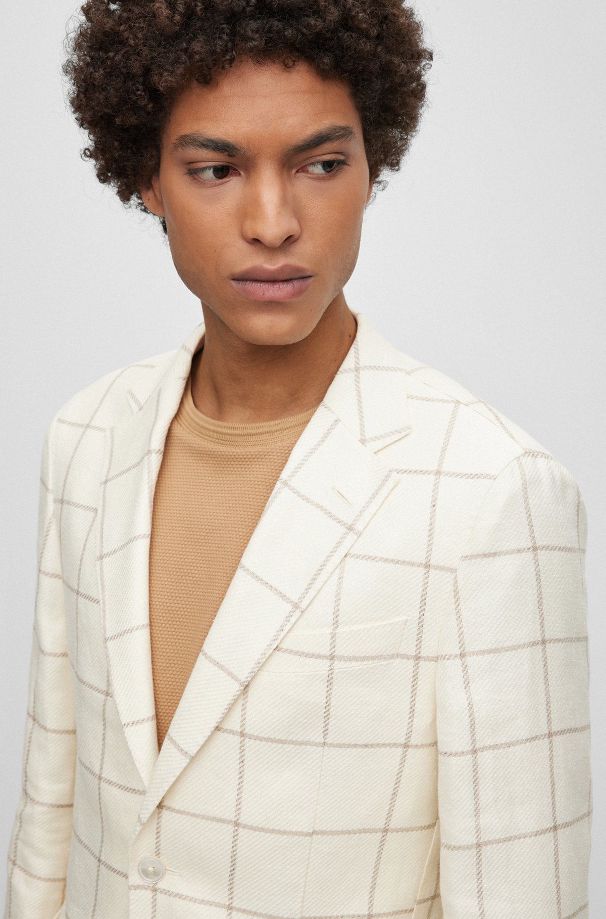 BOSS - Slim-fit jacket in checked linen and silk