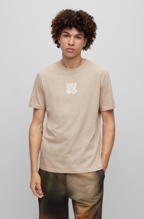 Hugo Cotton-jersey T-shirt With Graffiti-style Stacked Logo In Light Beige