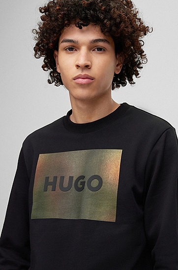 HUGO 雨果方框印花徽标装饰常规版型棉质毛圈布运动衫,  001_Black