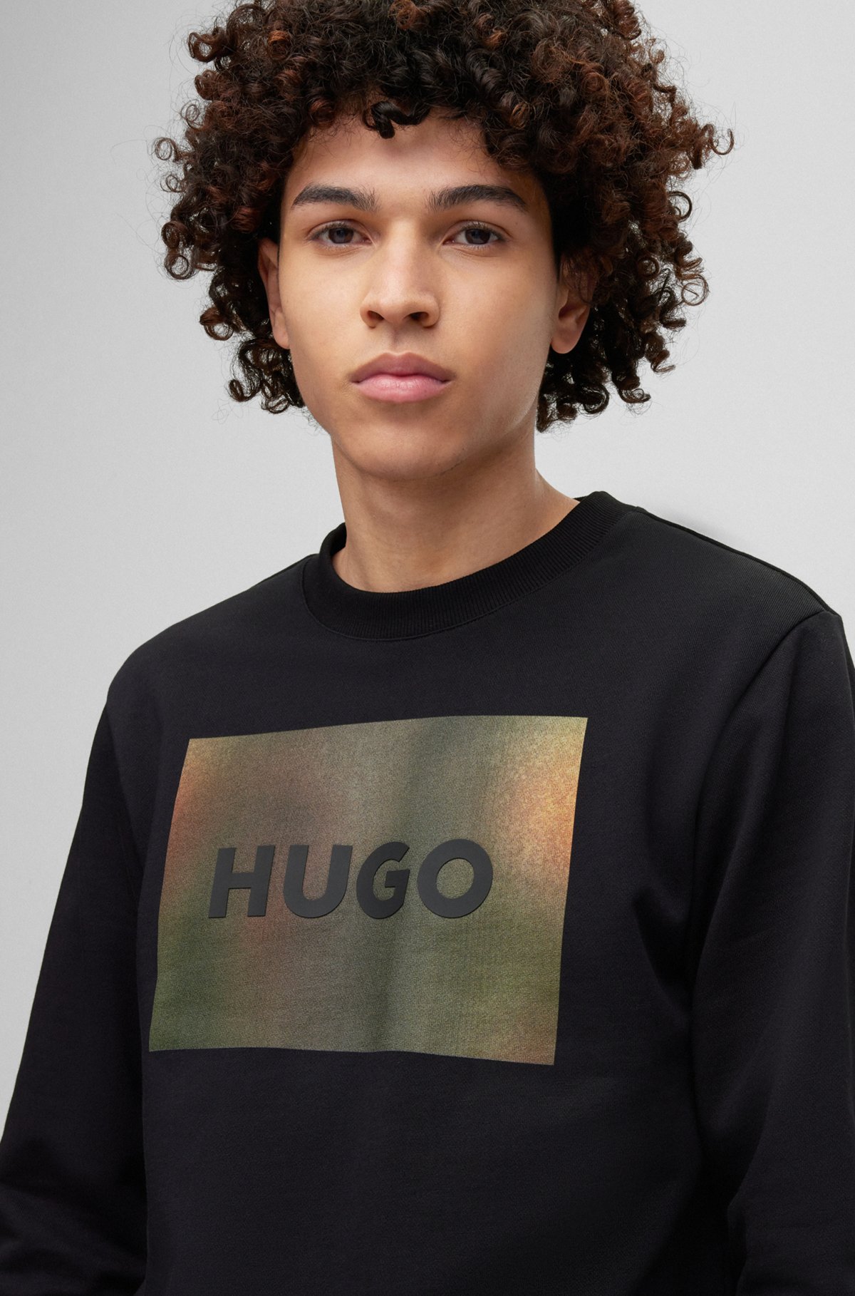 Cotton-terry regular-fit sweatshirt with box-print logo, Black