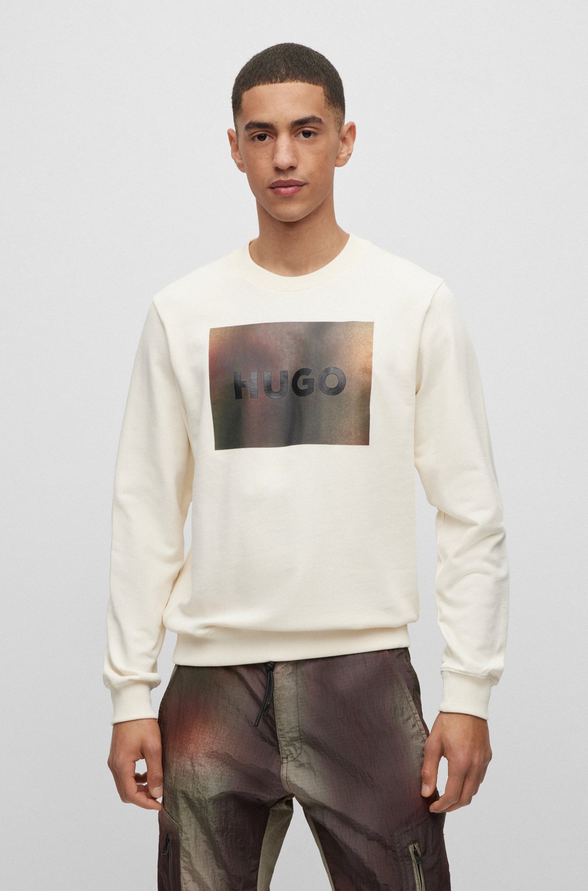 Cotton-terry regular-fit sweatshirt with box-print logo, White