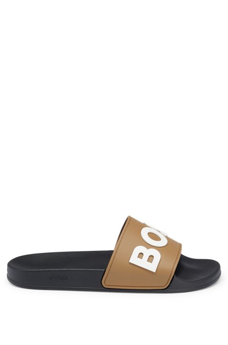 Italian-made slides with raised contrast logo, Beige