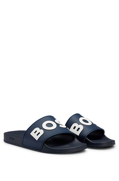 Sandali slider realizzati in Italia con logo in rilievo a contrasto, Blu scuro