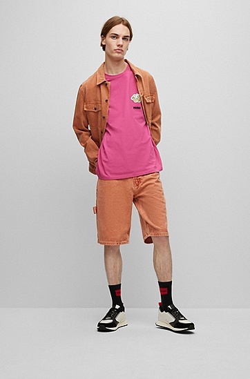 HUGO 雨果花卉印花和品牌标识棉质平纹针织 T 恤,  675_Bright Pink
