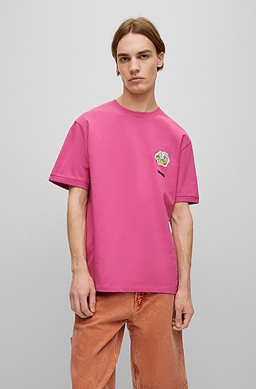 HUGO 雨果花卉印花和品牌标识棉质平纹针织 T 恤,  675_Bright Pink