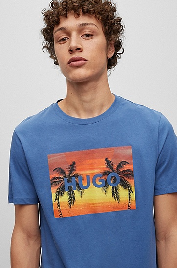 HUGO 雨果品牌标志棕榈树图案棉质平纹针织 T 恤,  479_Open Blue