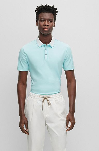 Interlock-cotton polo shirt with striped details, Light Blue