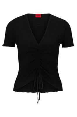 Hugo Boss Short-sleeved Ribbed Sweater With Gathered Front In Black