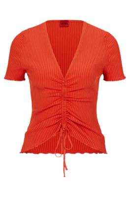 Hugo Boss Short-sleeved Ribbed Sweater With Gathered Front In Red