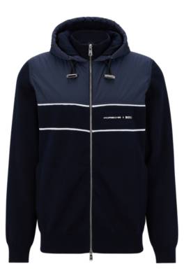 Hugo Boss Porsche X Boss Hybrid Hooded Jacket With Striped Trims In Dark Blue