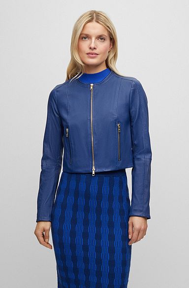 Collarless regular-fit jacket in lamb leather, Dark Blue