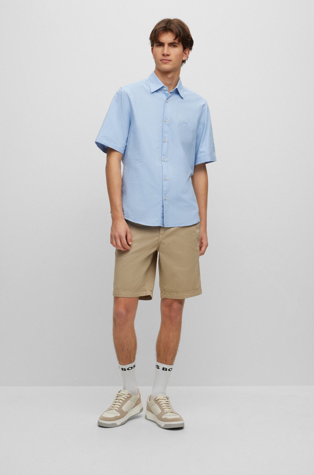 Slim-fit regular-rise shorts in stretch cotton, Beige