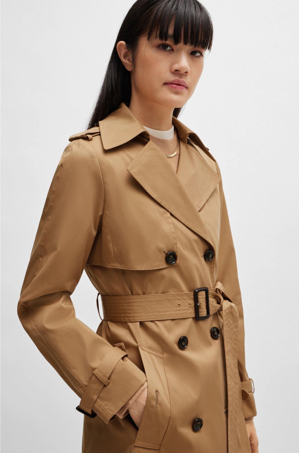 Regular-fit trench coat with buckled belt, Brown