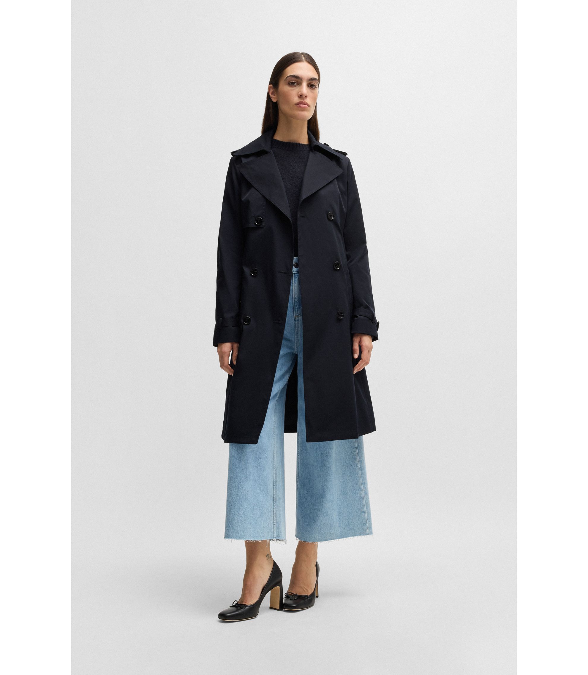 BOSS - ダブルブレスト トレンチコート バックル付きベルト - ダークブルー