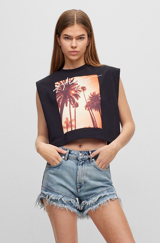 Cropped sleeveless top in cotton jersey with satin print, Black
