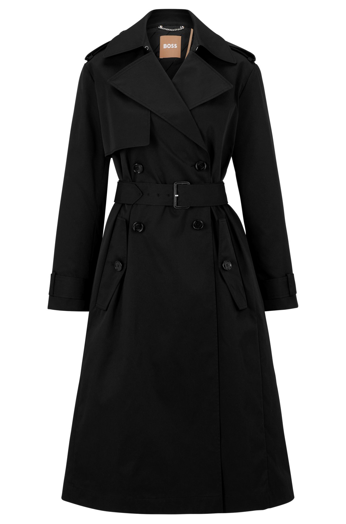 Double-breasted trench coat with belted closure, Black