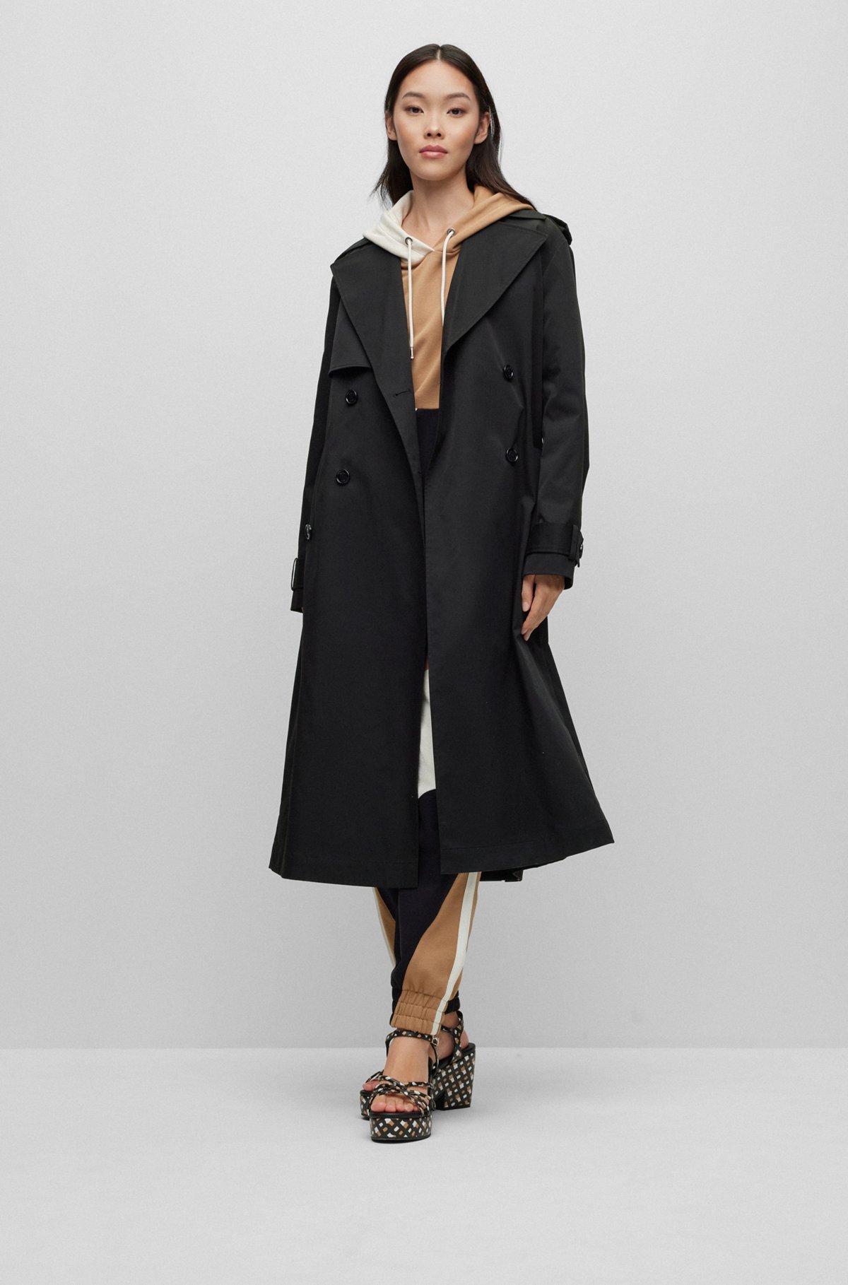 Double-breasted trench coat with belted closure, Black