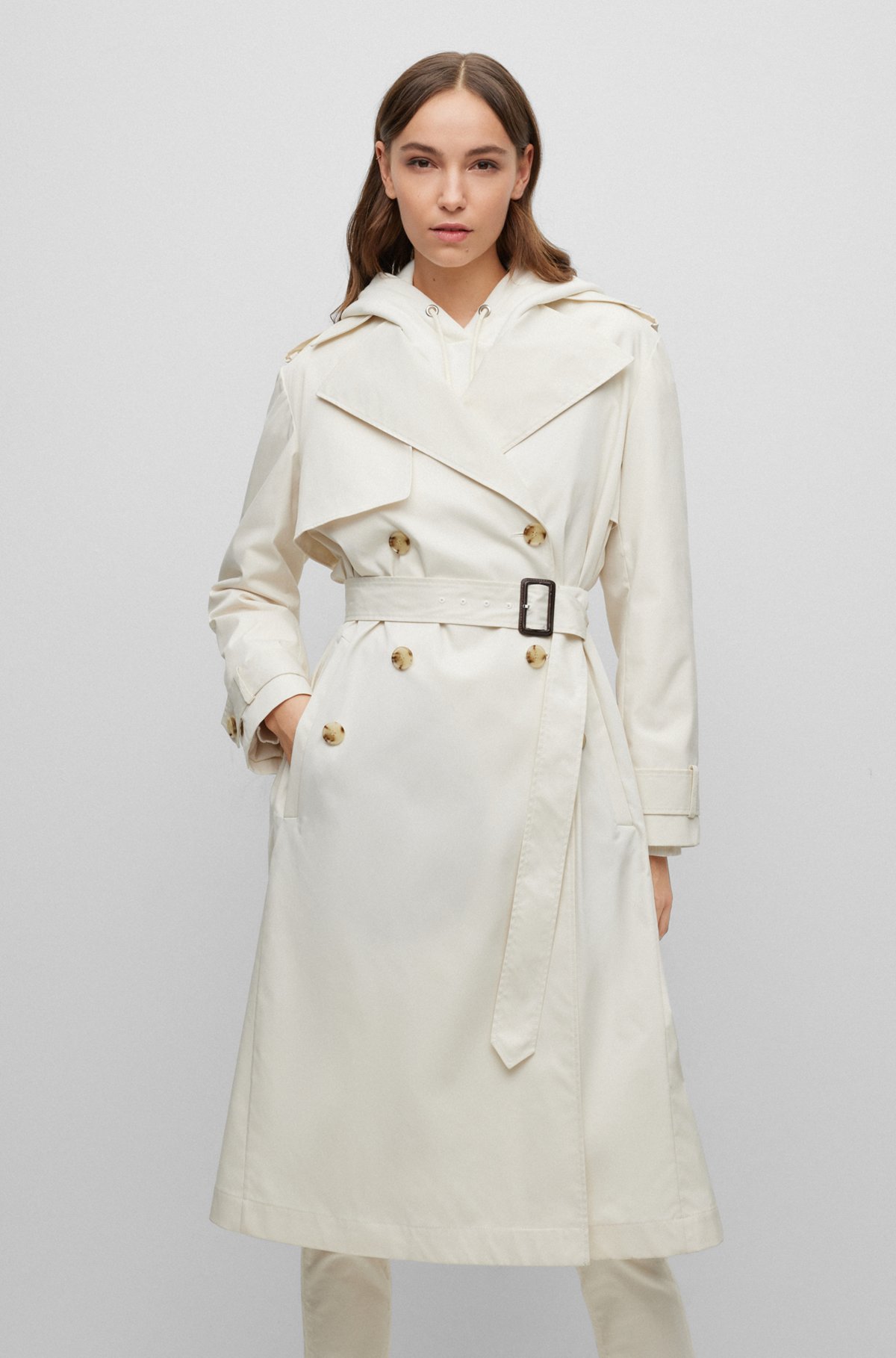 Double-breasted trench coat with belted closure, White