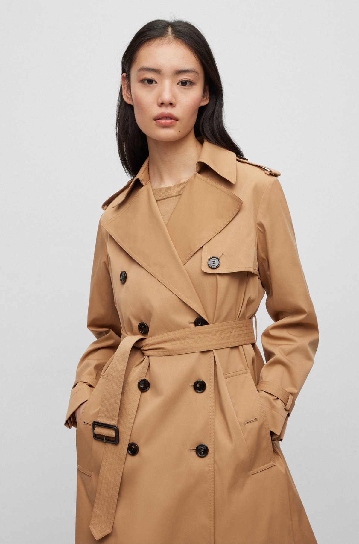 Double-breasted trench coat with belted closure, Beige