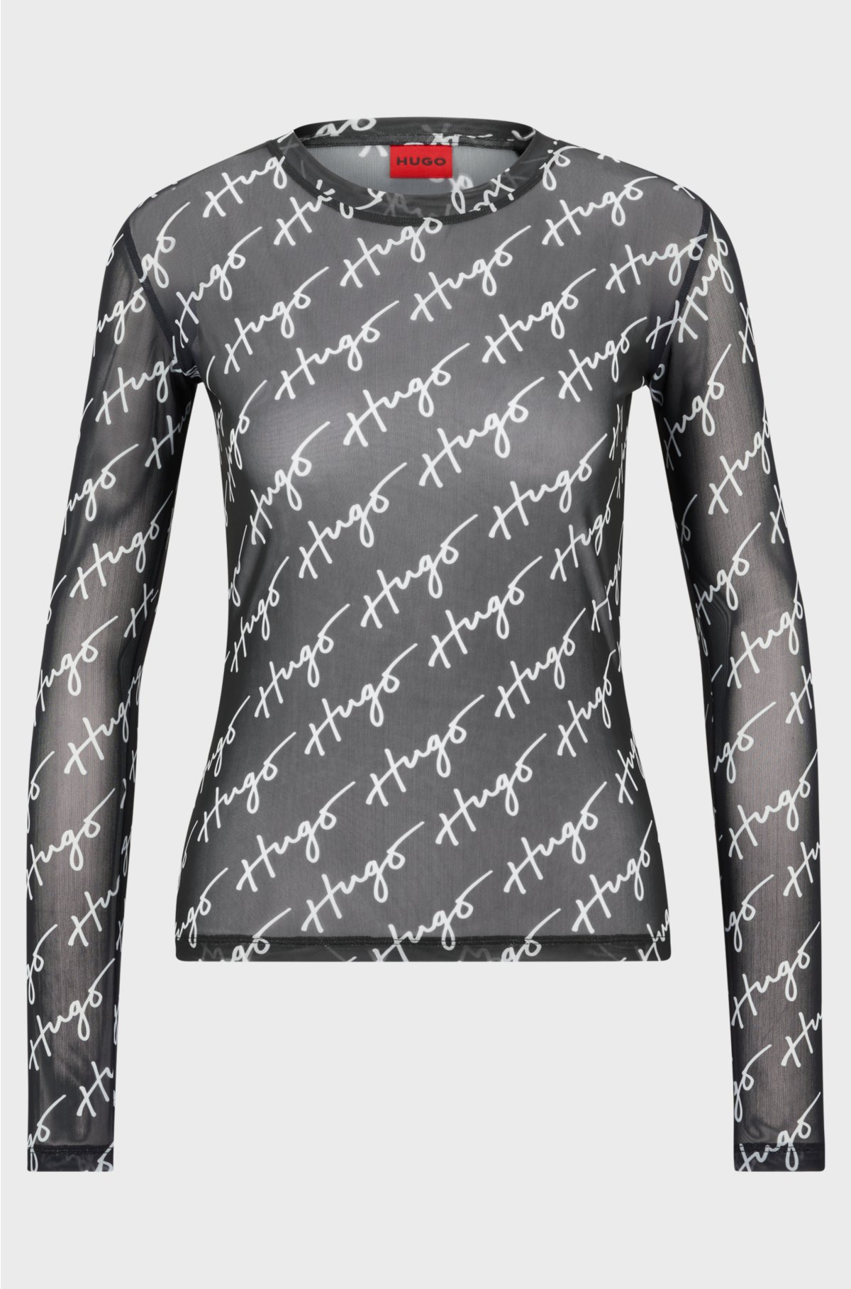 Long-sleeved top in stretch mesh with handwritten logos, Patterned