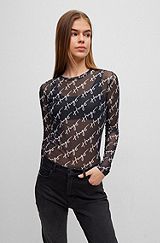 Long-sleeved top in stretch mesh with handwritten logos, Patterned