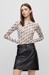 Slim-fit long-sleeved top in stretch mesh, Patterned