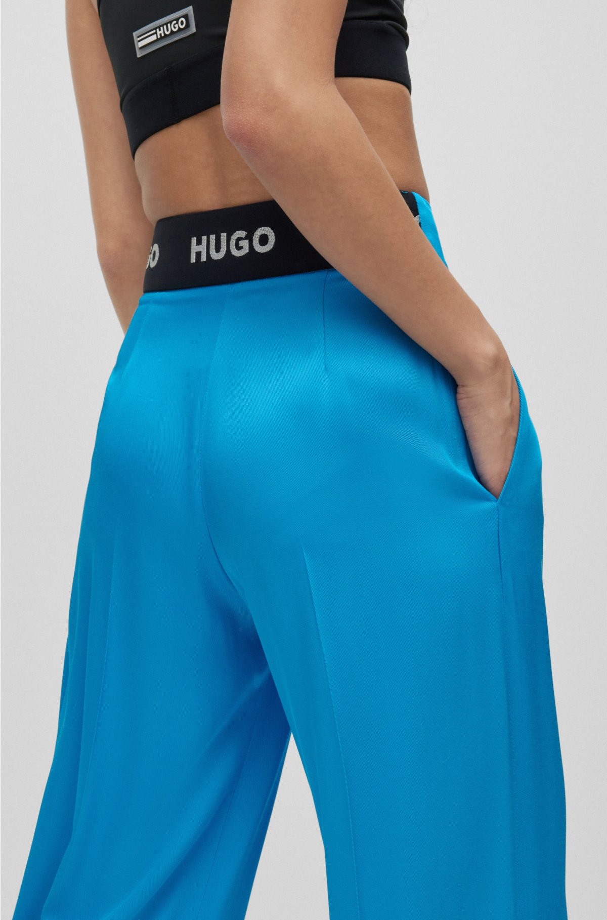 Wide-leg relaxed-fit trousers with rear logo waistband, Turquoise