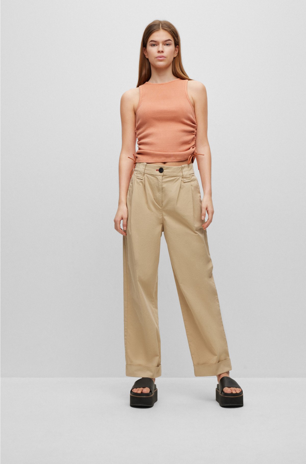 Relaxed-fit high-waisted chinos in stretch cotton, Beige